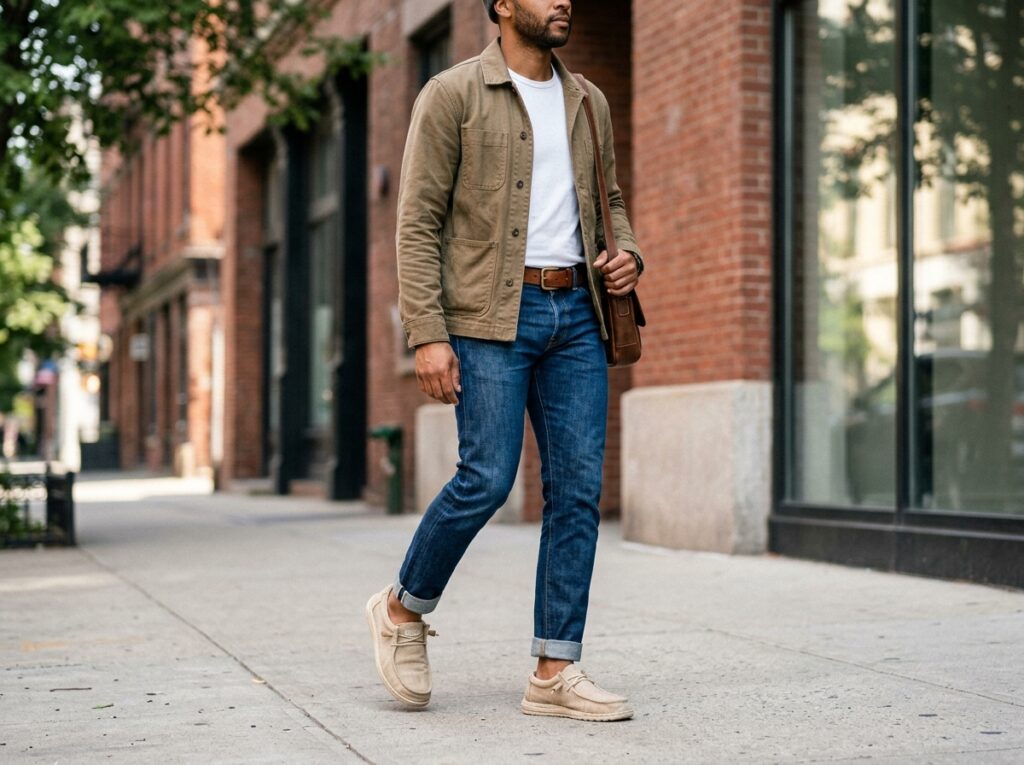 Wally Shoes With Pants and a Khaki Jacket