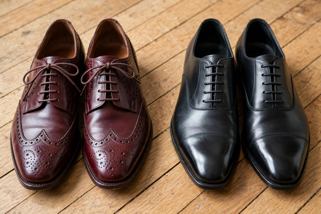 Burgundy brogued dress shoes next to black cap-toe oxfords for side-by-side comparison