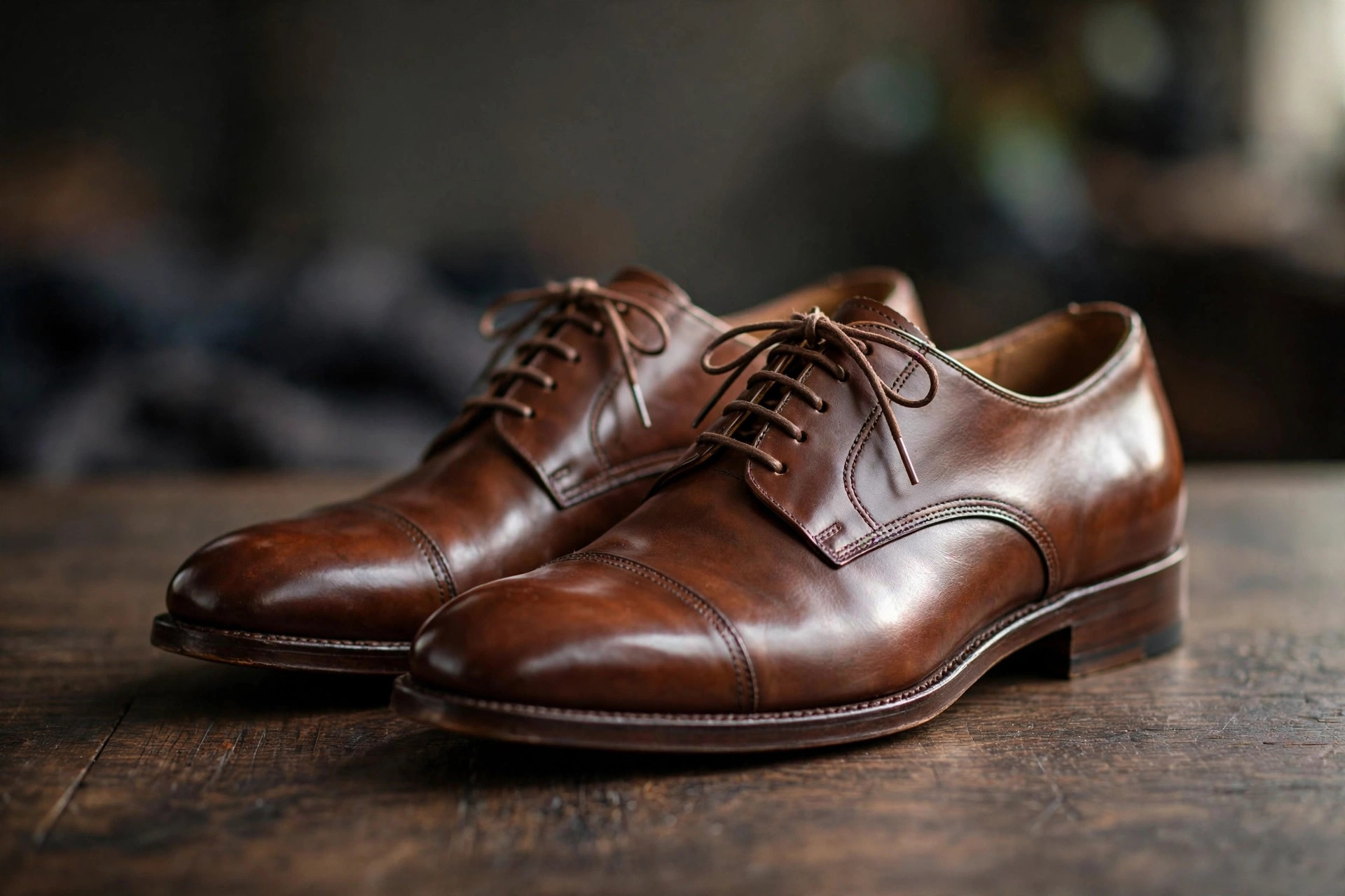 Pair of classic men's brown leather oxford dress shoes.