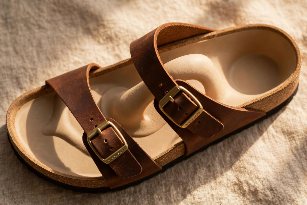 Close-up of a classic cork footbed sandal with leather straps