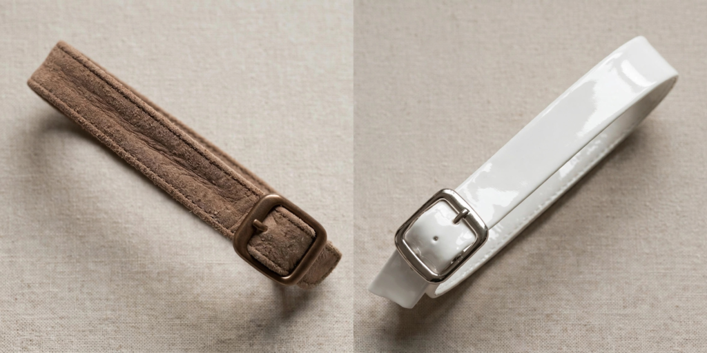 Side-by-side texture comparison of matte Birkibuc and glossy Birko-Flor Birkenstock straps