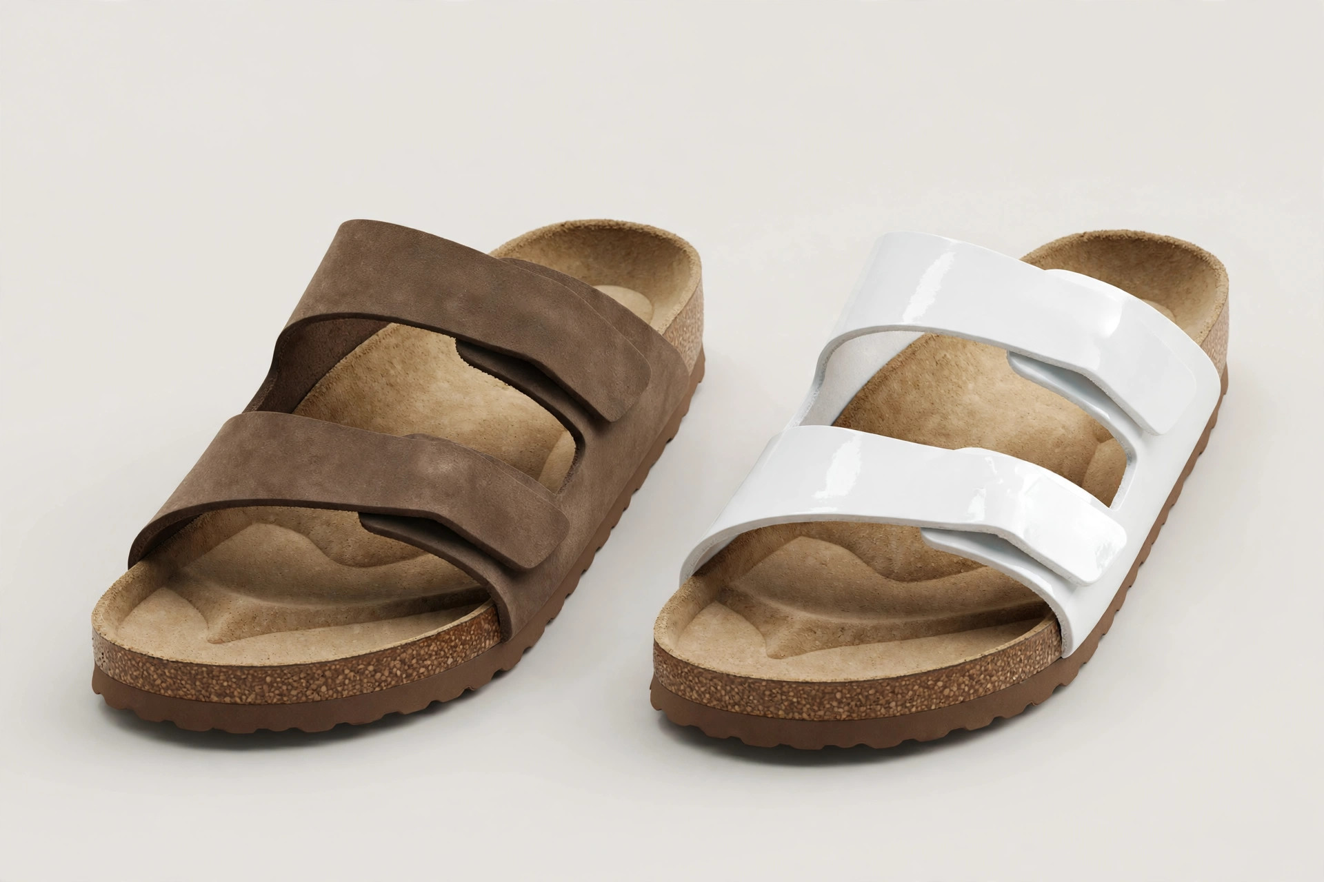 Birkenstock Arizona sandals side by side in mocha Birkibuc and white patent Birko-Flor