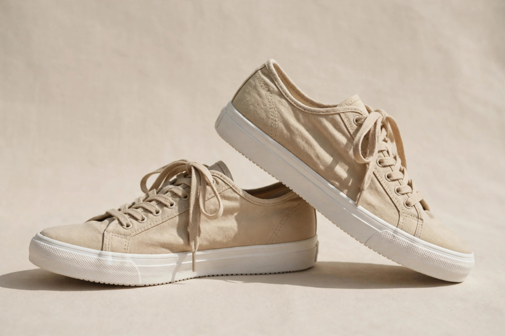 Pair of beige canvas low-top sneakers arranged flat on a neutral background