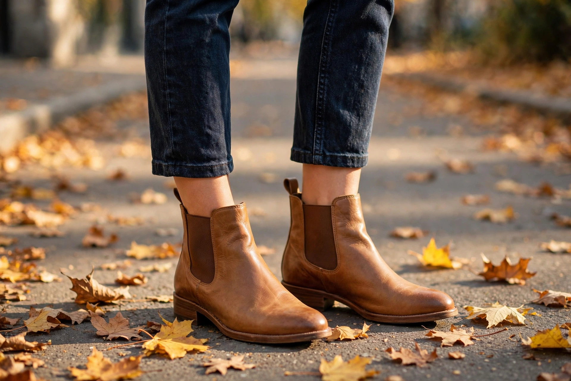 Woman wearing cropped ankle jeans with tan Chelsea boots