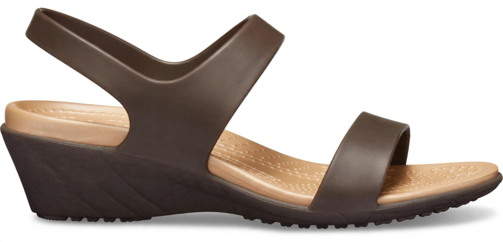 Crocs women's Cleo sandal with two brown straps and tan comfort footbed