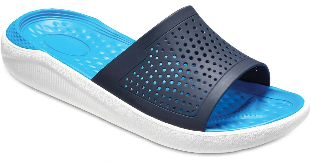 Crocs LiteRide slide sandal with perforated strap and cushioned blue footbed