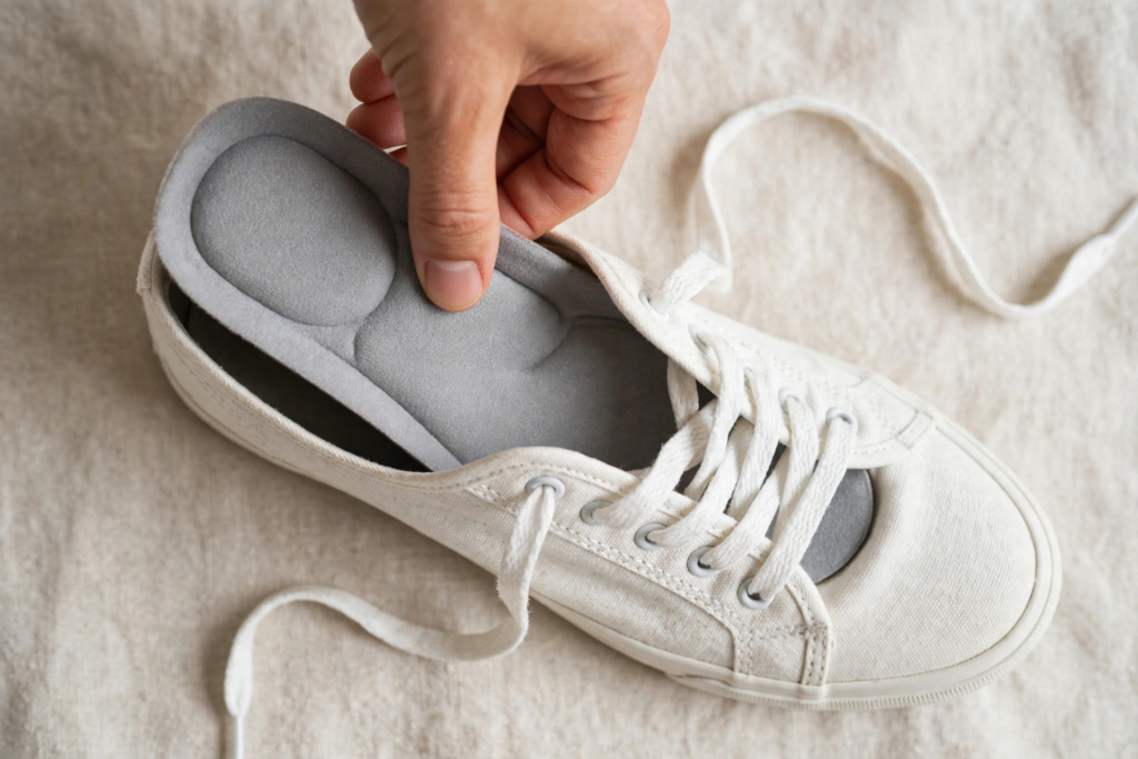 Hand placing a cushioned insole into an open canvas sneaker