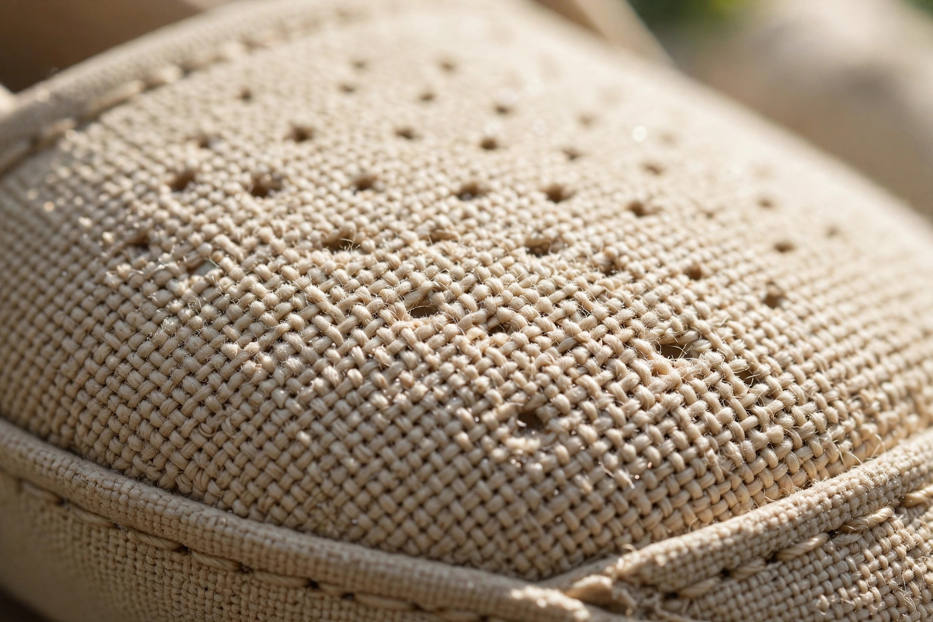 Close-up of the breathable woven canvas upper on a Hey Dude style casual shoe