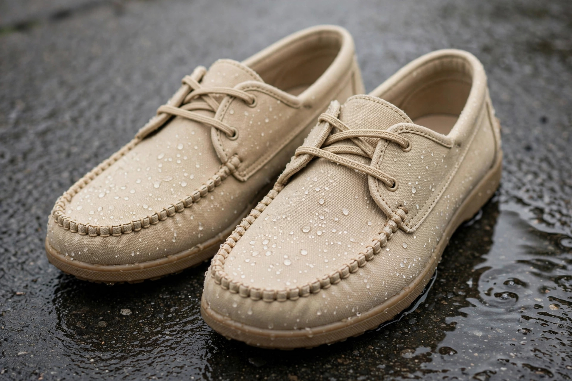 Pair of beige canvas Hey Dude style slip-on shoes beside a puddle