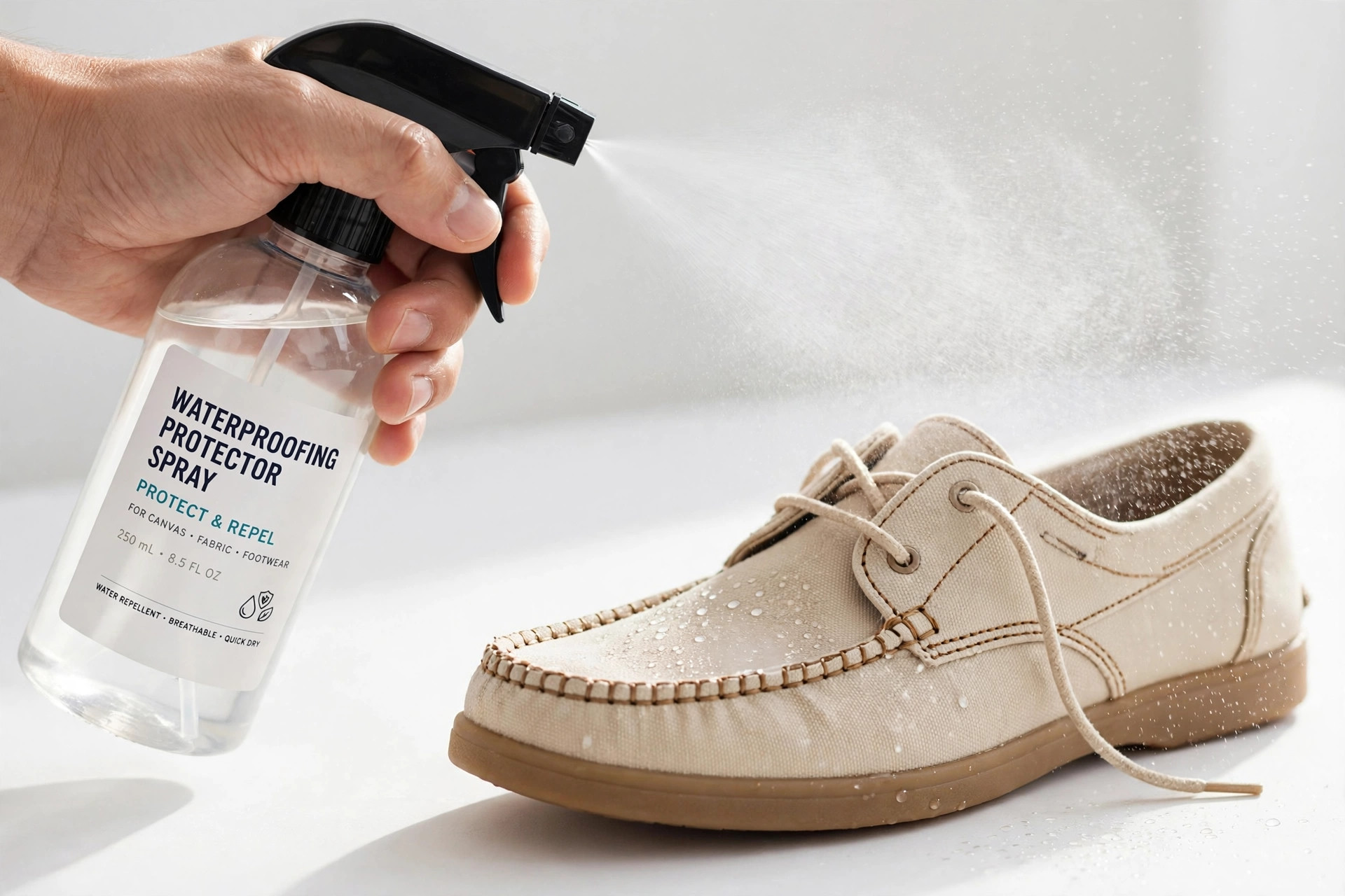 Applying waterproofing protector spray to a Hey Dude style canvas shoe