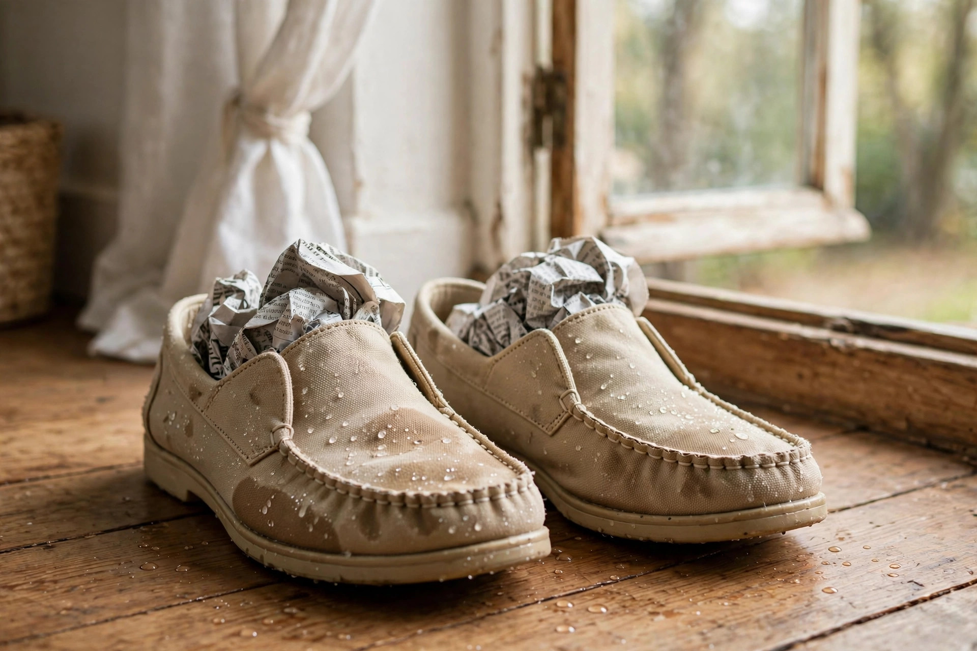 Damp Hey Dude style canvas shoes stuffed with newspaper drying by a window