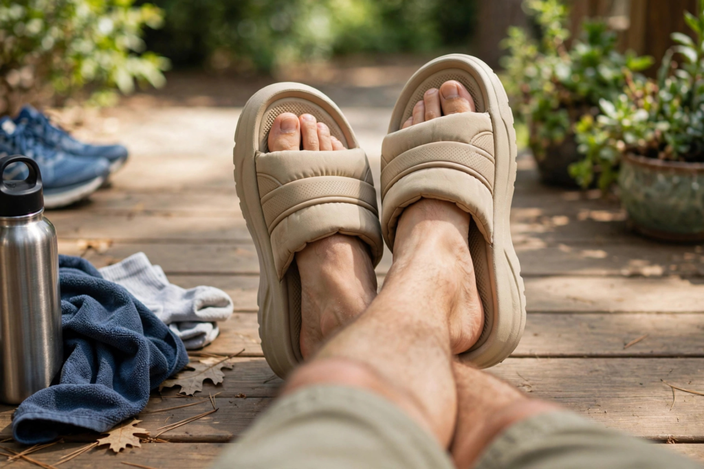 Feet relaxing in cushioned recovery slide sandals on a wooden deck