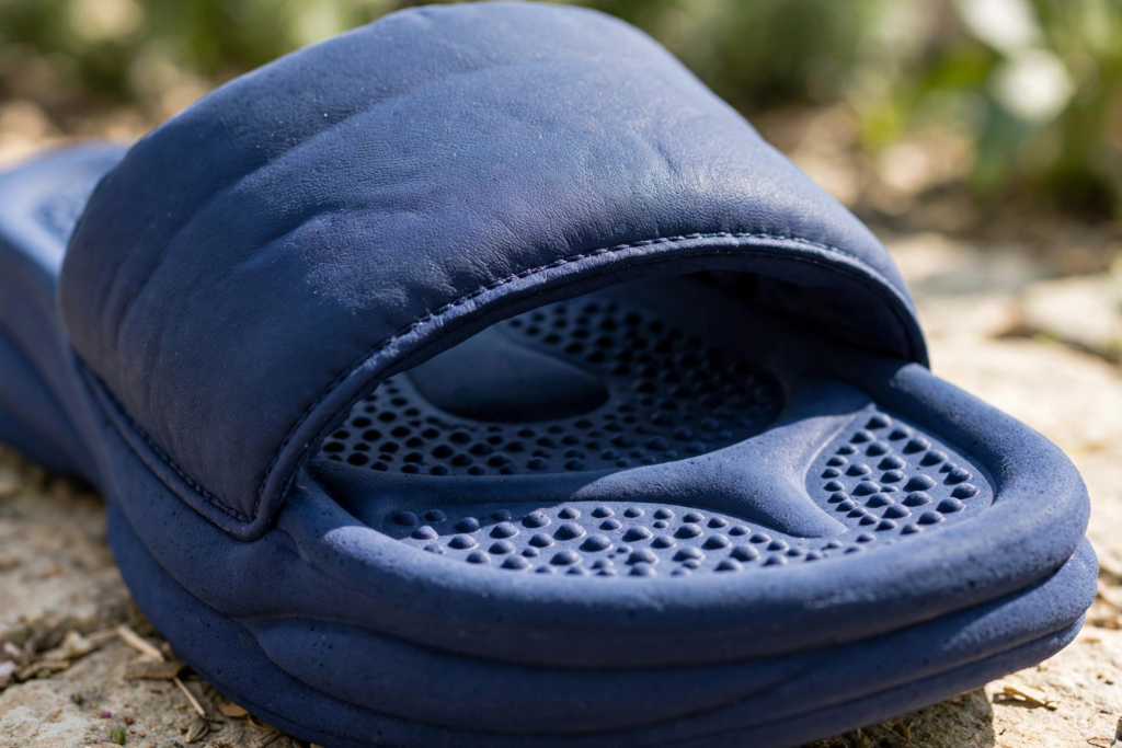 Close-up of a thick cushioned Oofos style recovery slide sandal