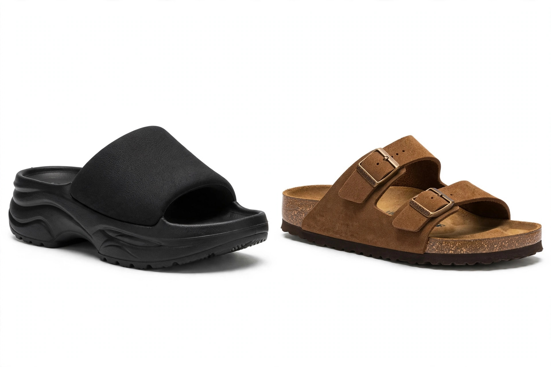 Cushioned black recovery slide sandal beside a classic cork footbed sandal.