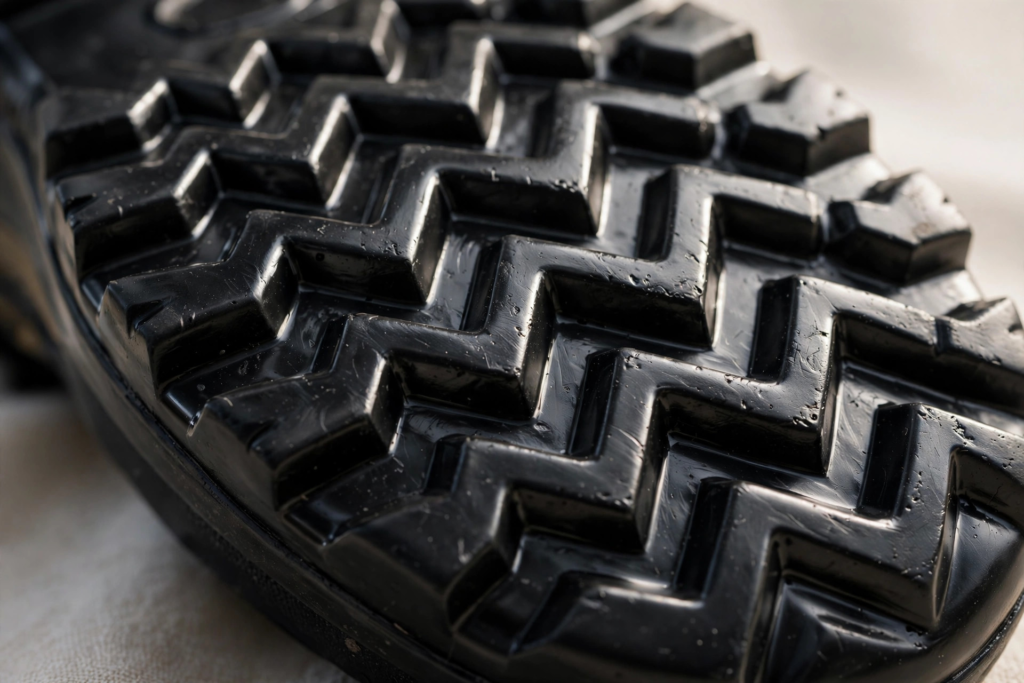 Close-up of a glossy black rubber shoe sole with deep zigzag tread