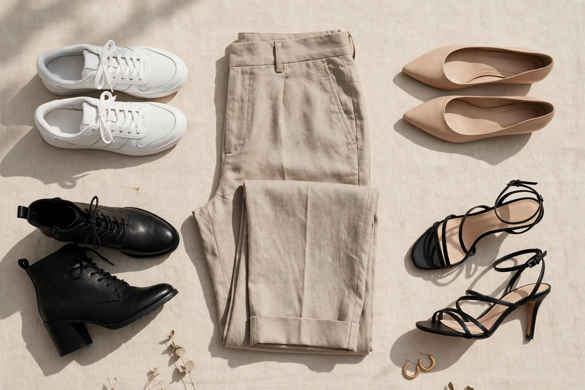 Flat lay of ankle trousers with white sneakers, nude flats, ankle boots and heeled sandals.