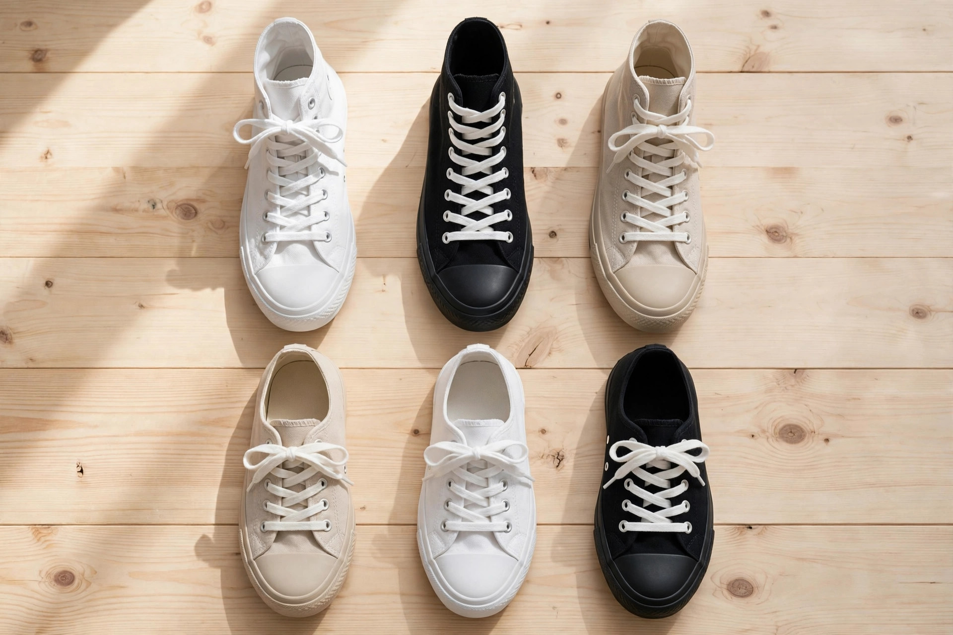 Flat lay of several canvas high-top and low-top sneakers in white, black and beige with no visible logos