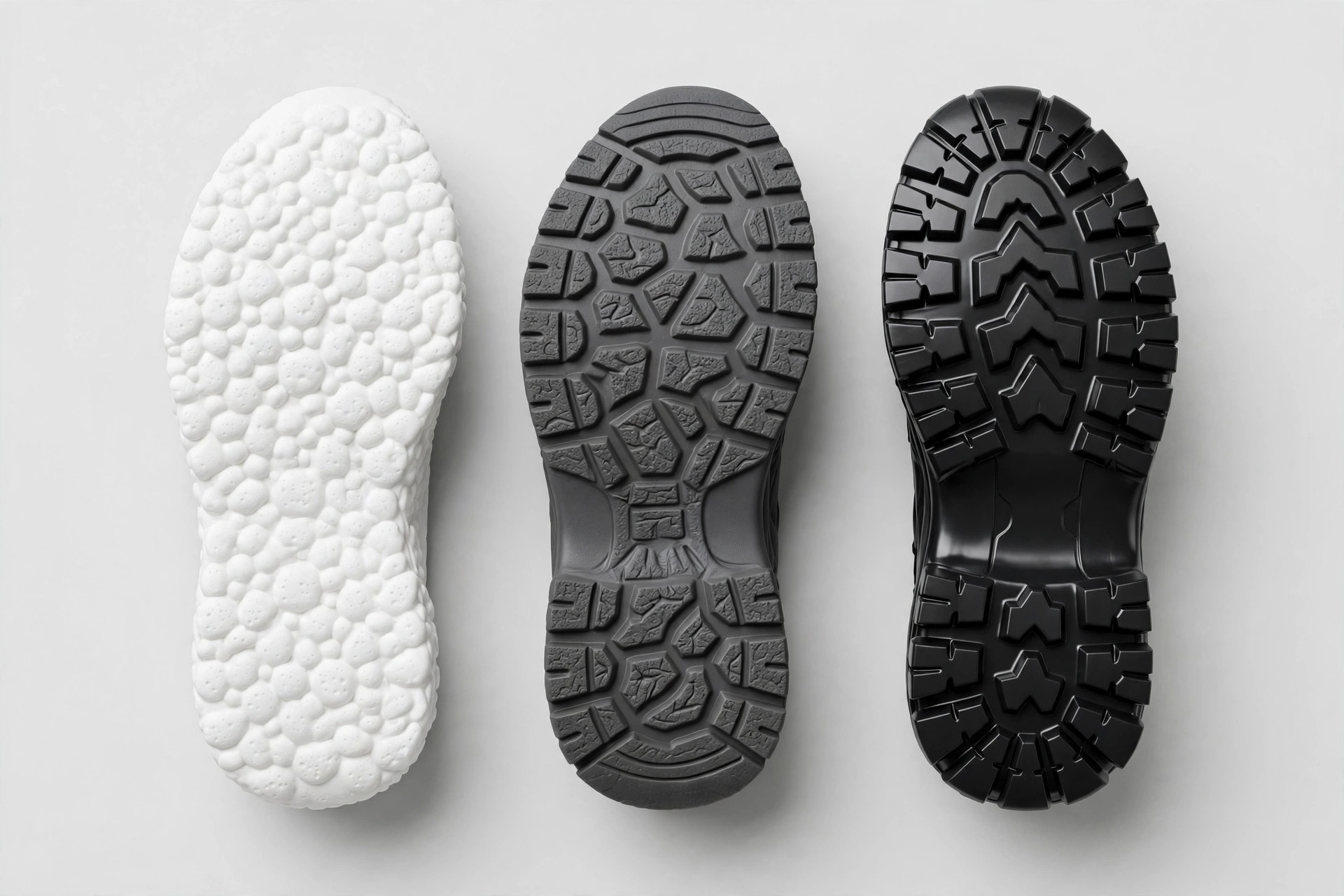 TPR, EVA and rubber shoe soles compared side by side