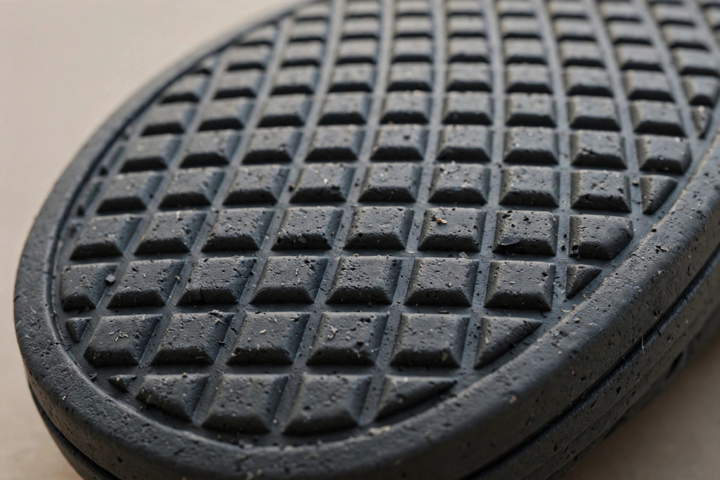 Close-up of a matte TPR shoe sole with a moulded grid pattern