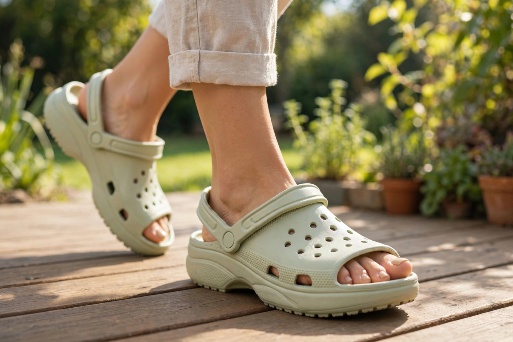 Woman walking comfortably in Crocs sandals for foot pain relief