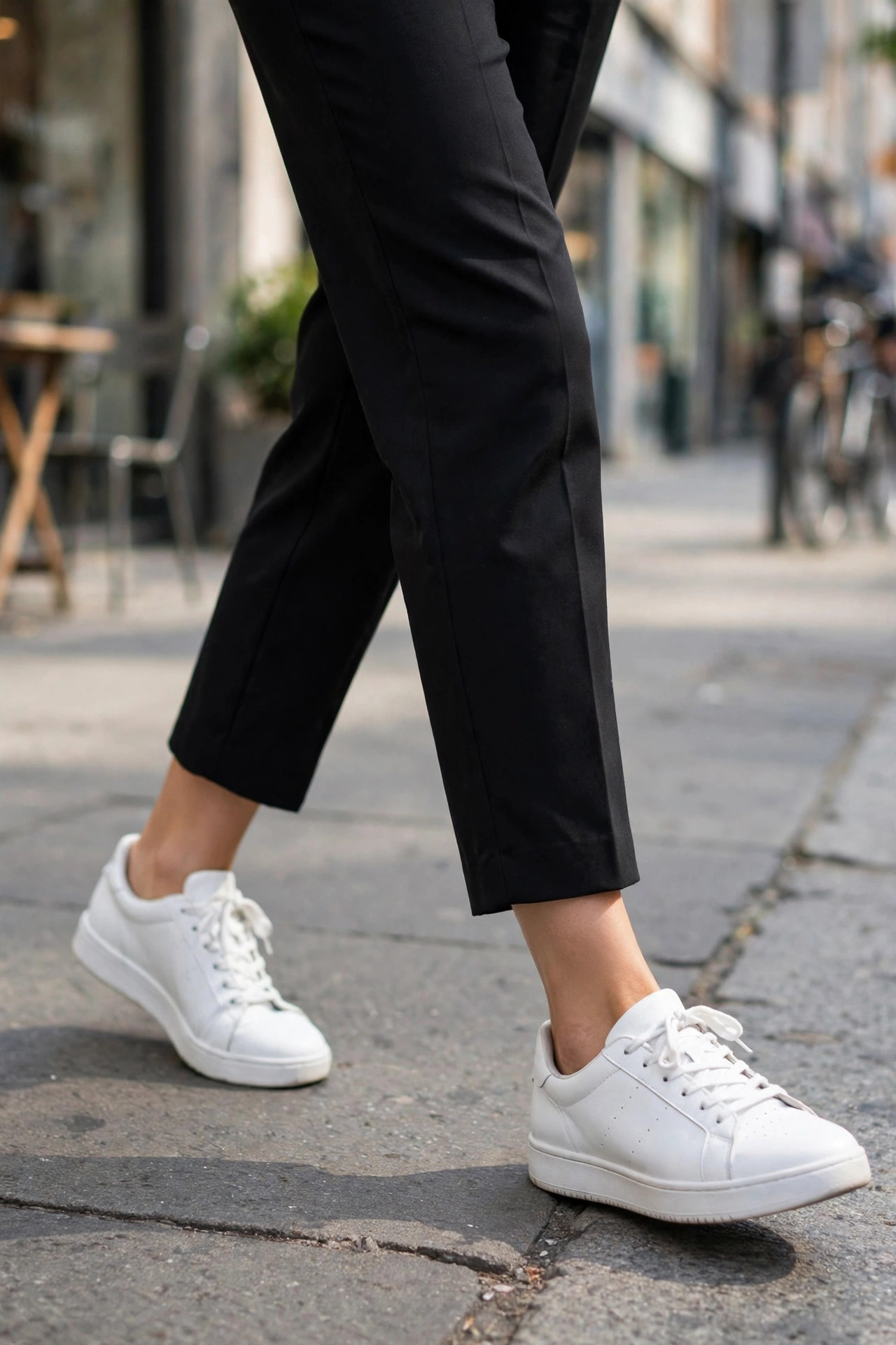 Woman wearing cropped black ankle trousers with white sneakers